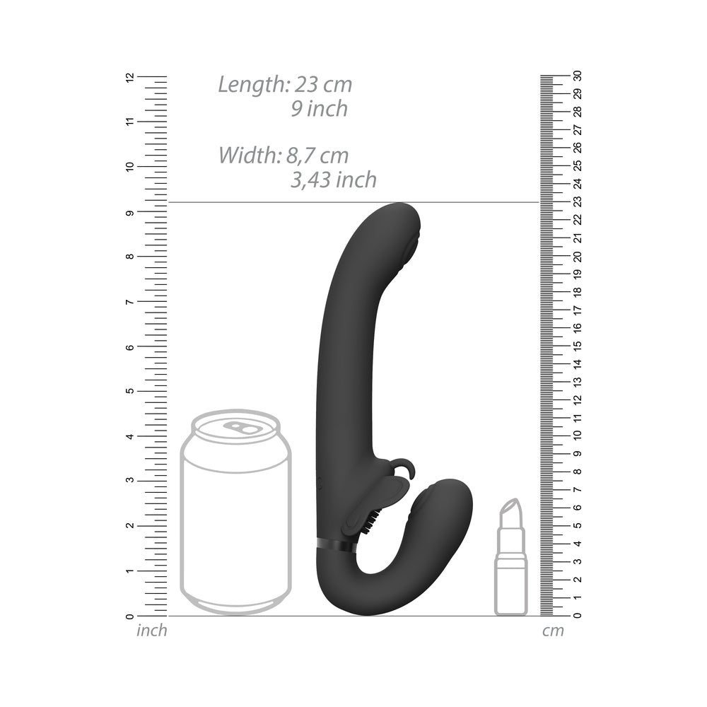 VIVE SATU Rechargeable Triple Motor Pulse-Wave Vibrating Silicone Strapless Strap-On Black - Fantasies Boutique