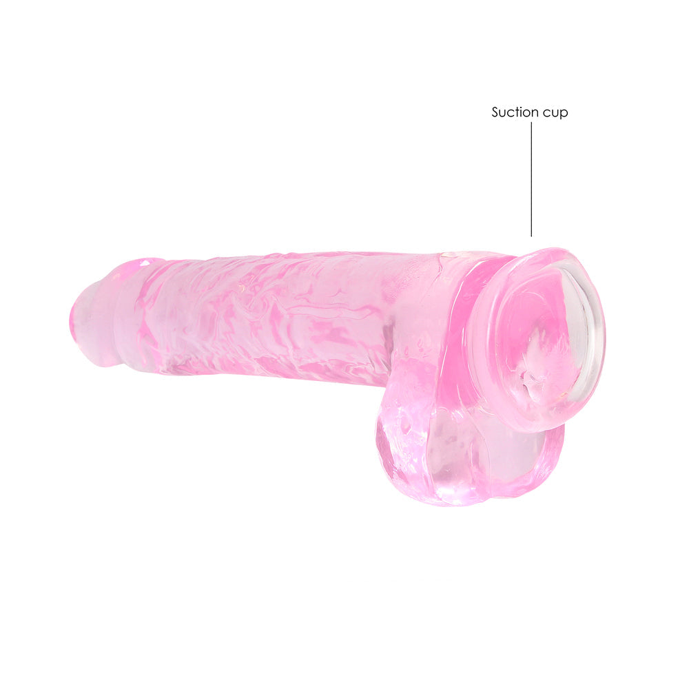 RealRock Crystal Clear Realistic 9 in. Dildo With Balls and Suction Cup Pink - Fantasies Boutique