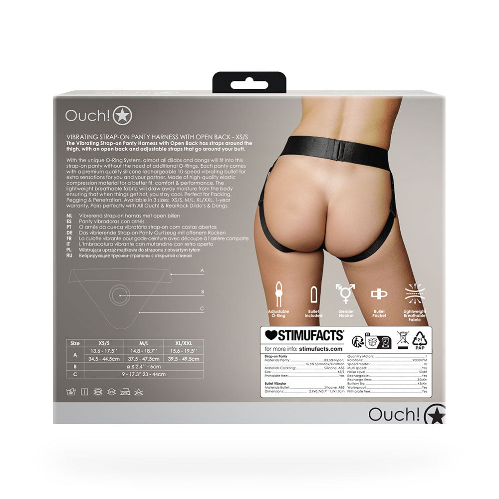 Ouch! Vibrating Strap-on Panty Harness with Open Back Black XS/S - Fantasies Boutique