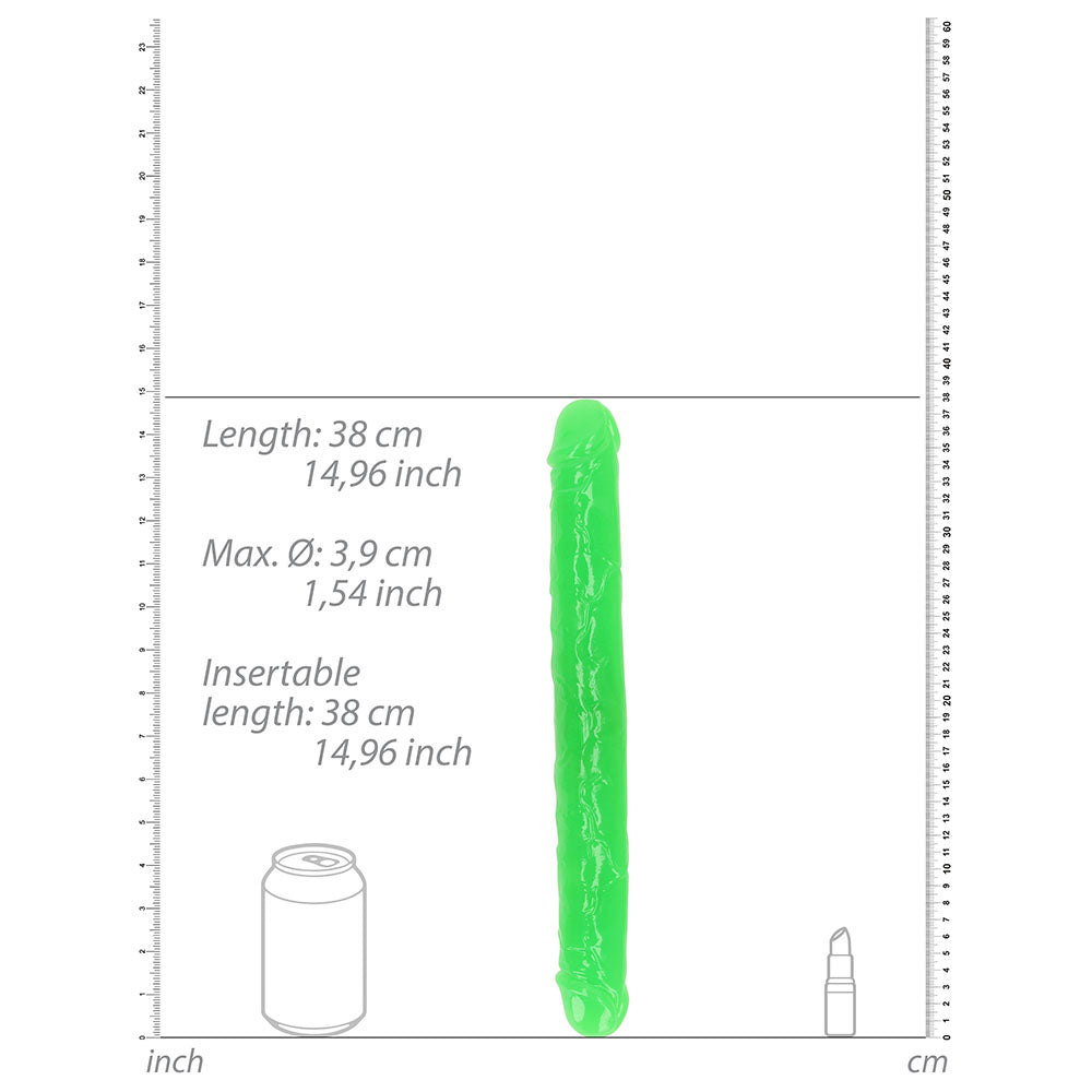 RealRock Glow in the Dark Double Dong 15 in. Dual-Ended Dildo Neon Green - Fantasies Boutique