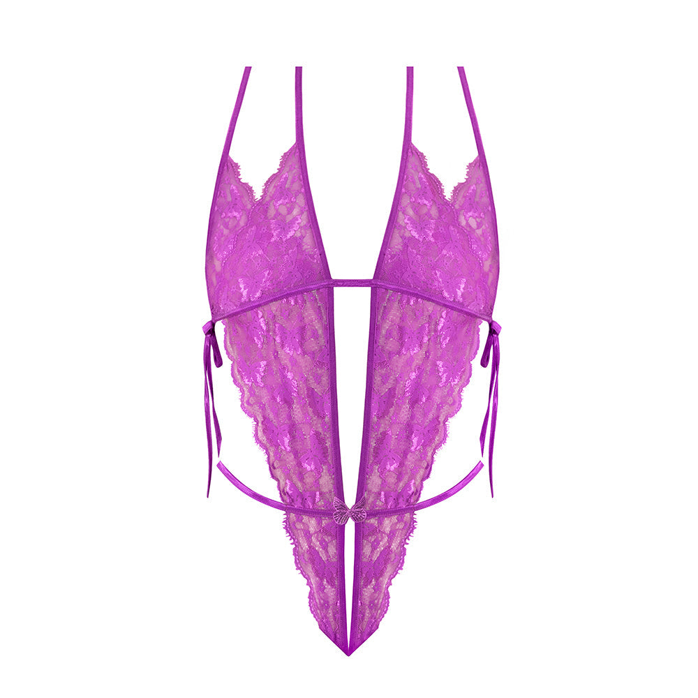 Magic Silk Butterfly Fantasies Peek-a-Boo & Crotchless Teddy Neon Purple Queen Size