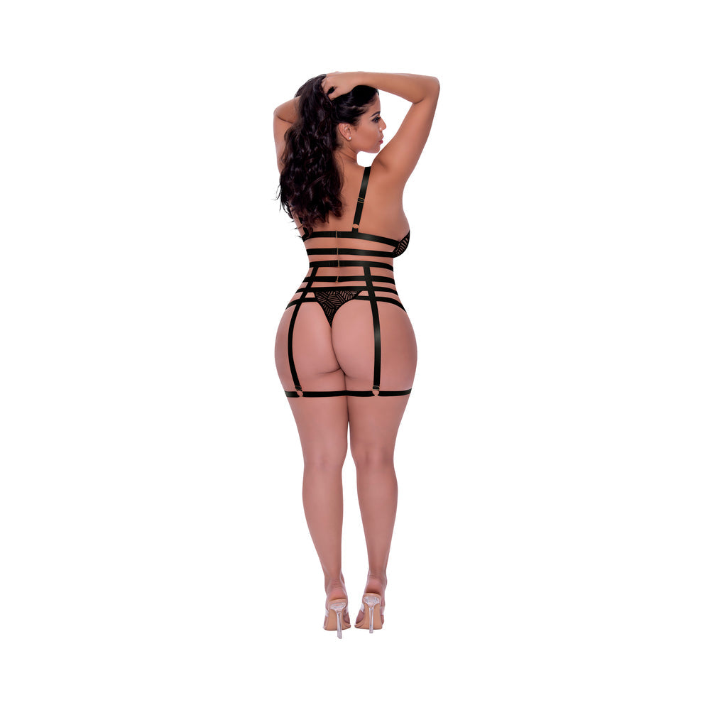 Magic Silk Rude Awakening Bralette, Thigh High Garter & Cheeky Panty Set Black Queen Size - Fantasies Boutique