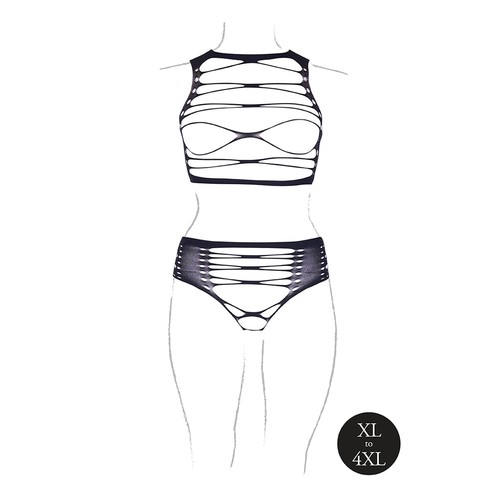 Shots Le Desir Shade Helike XLV 2-Piece with Open Cups, Crop Top & Panty Black Queen Size - Fantasies Boutique