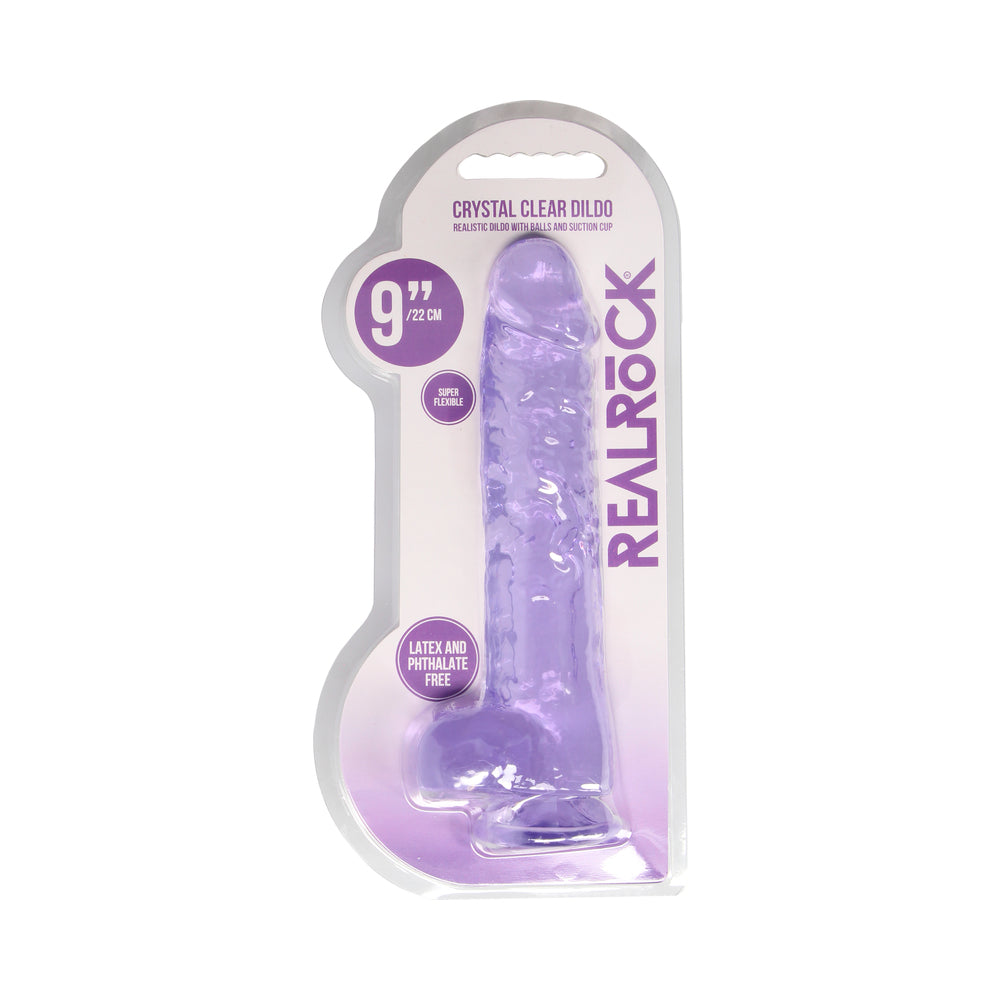 RealRock Crystal Clear Realistic 9 in. Dildo With Balls and Suction Cup Purple - Fantasies Boutique