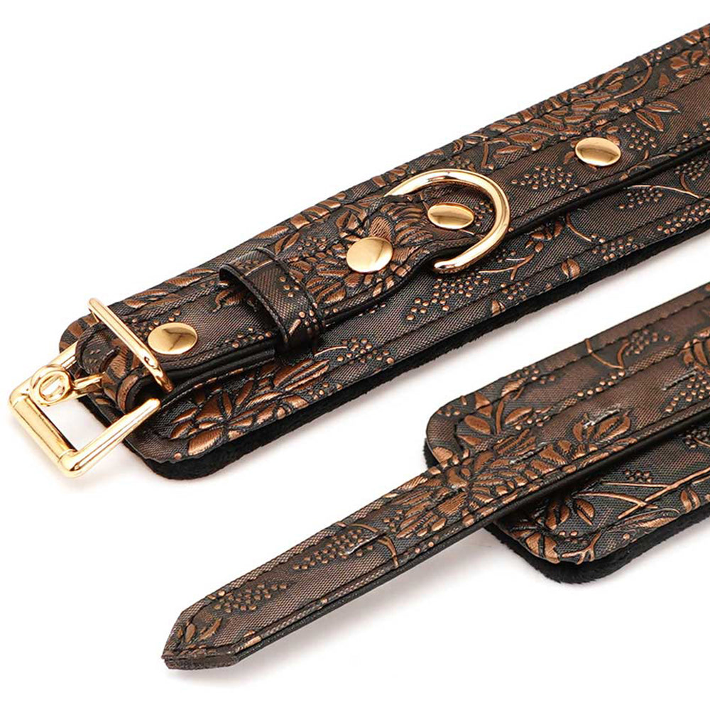 Ankle Restraints Brown PU Floral Print With Faux Fur Lining - Fantasies Boutique