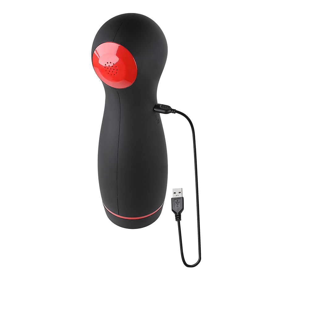 Zero Tolerance Tight Squeeze Rechargeable Vibrating Squeezing Talking Stroker TPE Black/Red - Fantasies Boutique