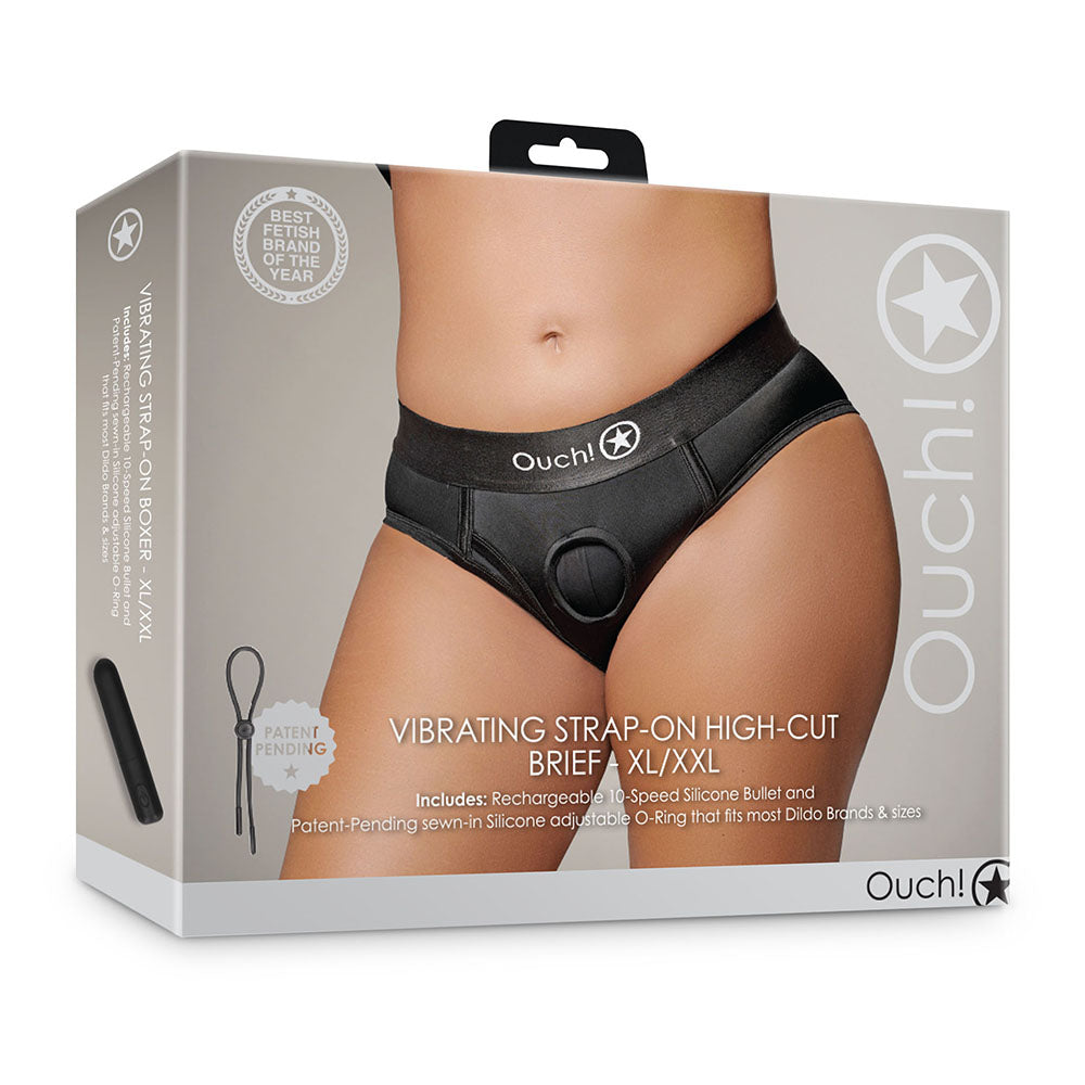 Ouch! Vibrating Strap-on High-cut Brief Black XL/2XL - Fantasies Boutique