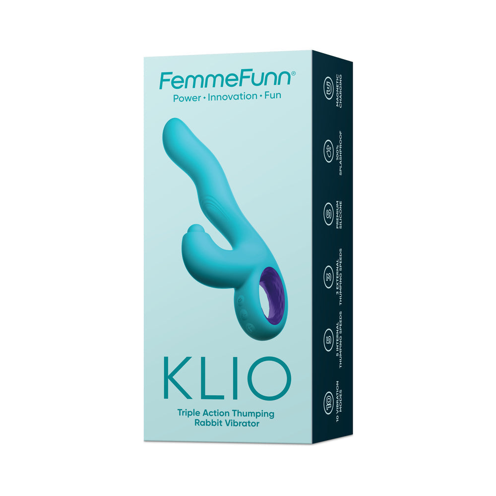 FemmeFunn Klio Rechargeable Silicone Triple Action Thumping Rabbit Vibrator Turquoise - Fantasies Boutique