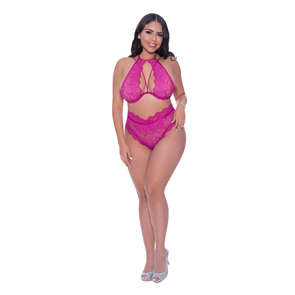 Magic Silk Berrylicious Halter & Lace Up Panty Set Raspberry Queen Size - Fantasies Boutique