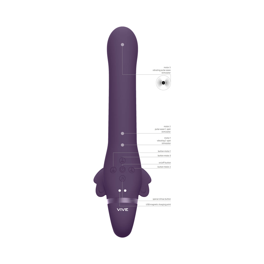 VIVE SATU Rechargeable Triple Motor Pulse-Wave Vibrating Silicone Strapless Strap-On Purple - Fantasies Boutique