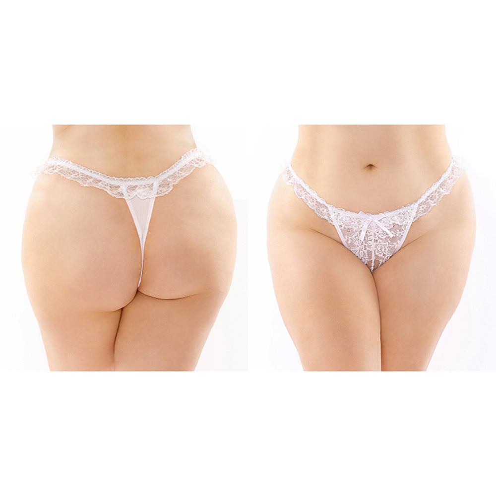 Fantasy Lingerie Flora Ruffled Lace Crotchless Pearl Thong Queen Size White - Fantasies Boutique