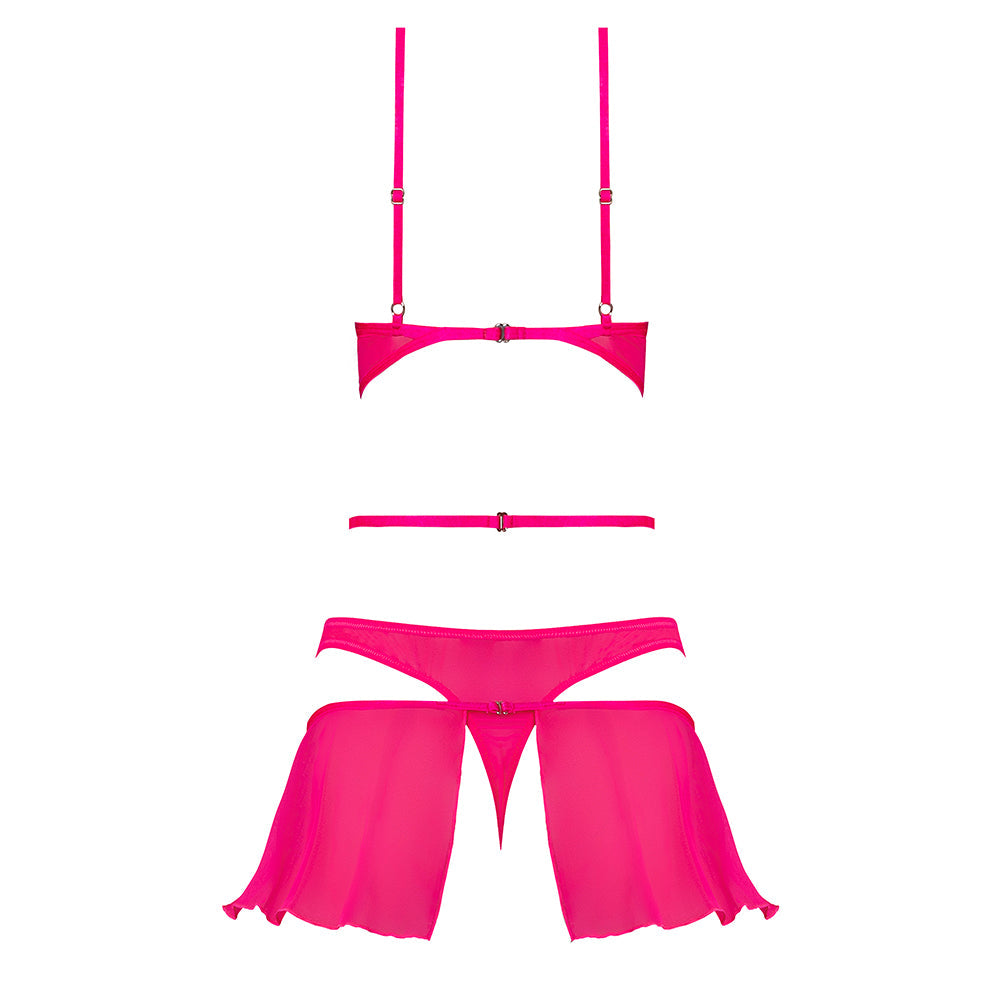 Magic Silk Pink Kink Bralette, High Leg Panty & Garter Skirt Set Pink Glow Queen Size