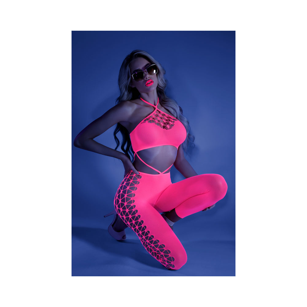 Fantasy Lingerie Glow Own The Night Cropped Cut-Out Halter Bodystocking Neon Pink O/S - Fantasies Boutique