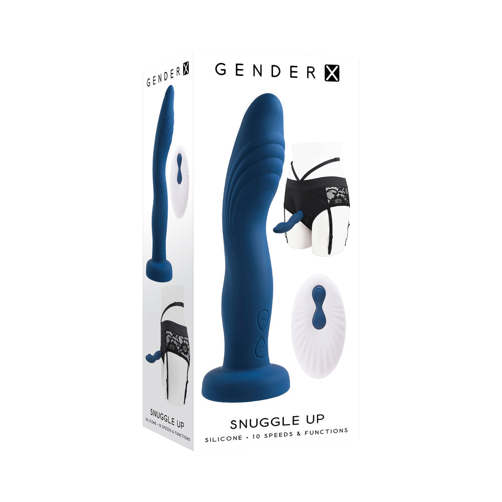 Gender X Snuggle Up Vibrating 7 in. Dildo and Lingerie-Style Strap-On Harness Set Blue/Black