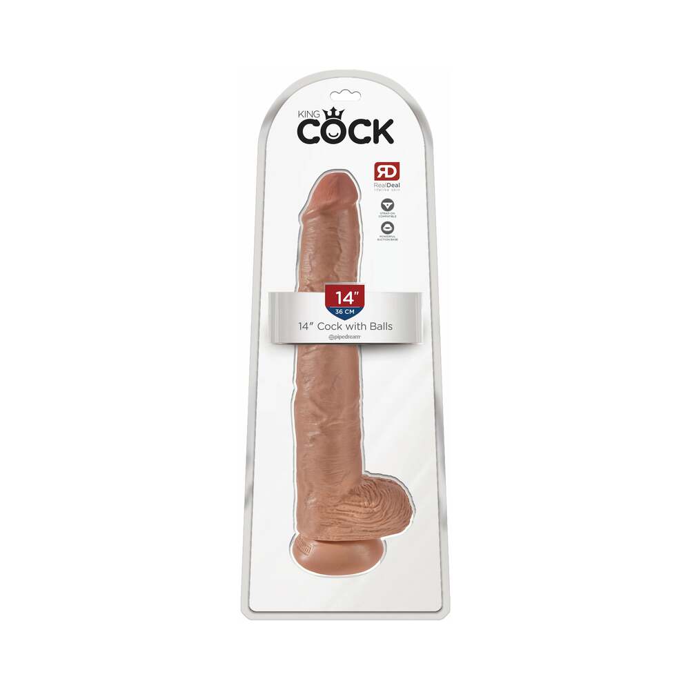 King Cock 14 in. Cock With Balls Realistic Suction Cup Dildo Tan - Fantasies Boutique