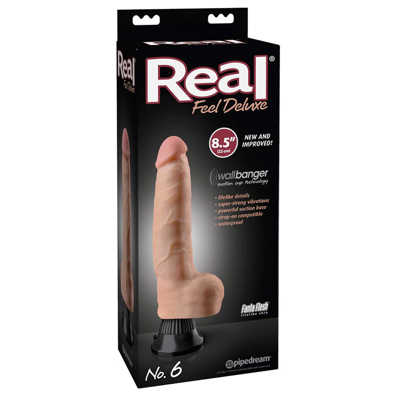 Real Feel Deluxe No. 6 Realistic 8.5 in. Vibrating Dildo With Balls and Suction Cup Beige - Fantasies Boutique