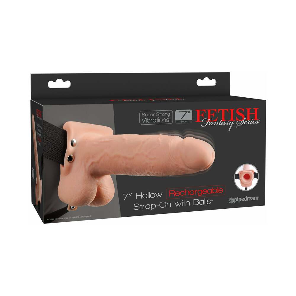 Fetish Fantasy Series Rechargeable Vibrating 7 in. Hollow Strap-On With Balls Beige/Black - Fantasies Boutique