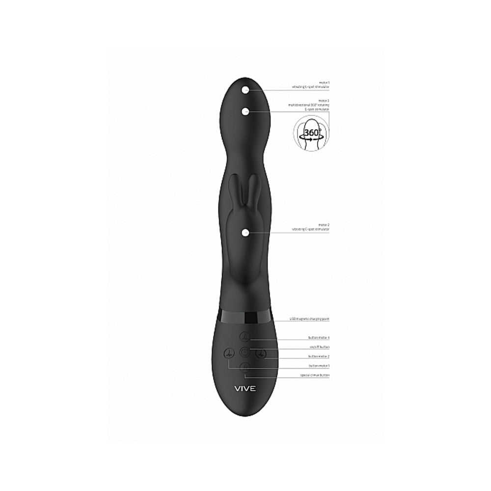 VIVE NIVA Rechargeable 360° Rotating Silicone Rabbit Vibrator Black - Fantasies Boutique