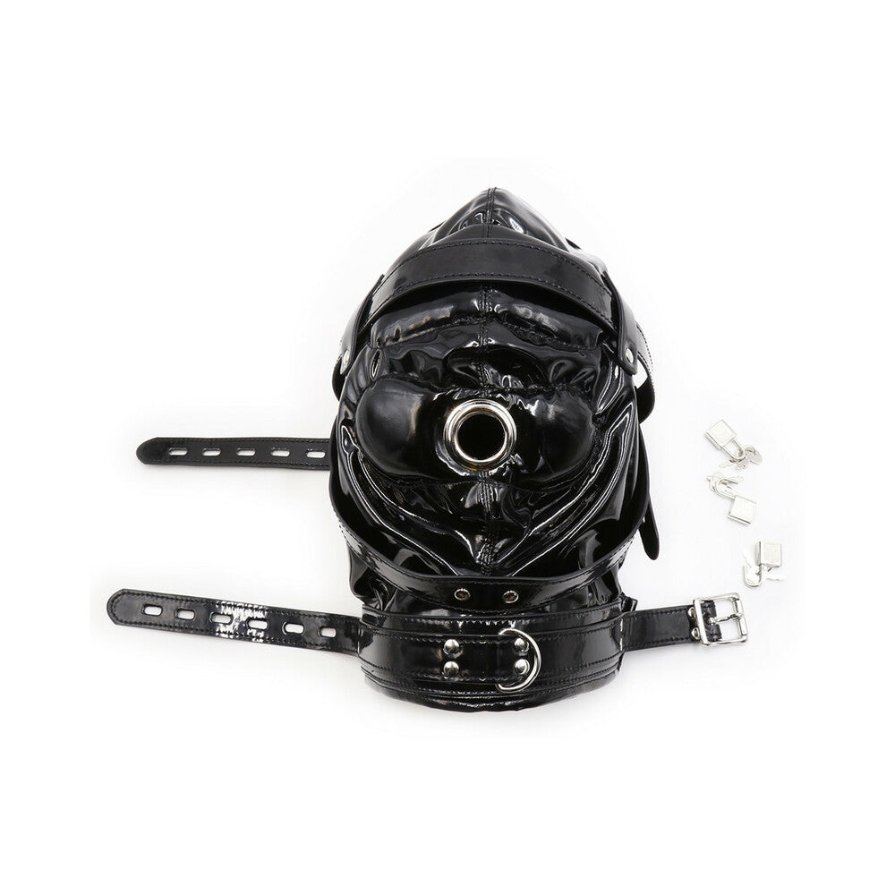 Ple'sur Shiny Pleather Locking Deprivation Hood With Single Nose Hole Black Bag Packaging - Fantasies Boutique