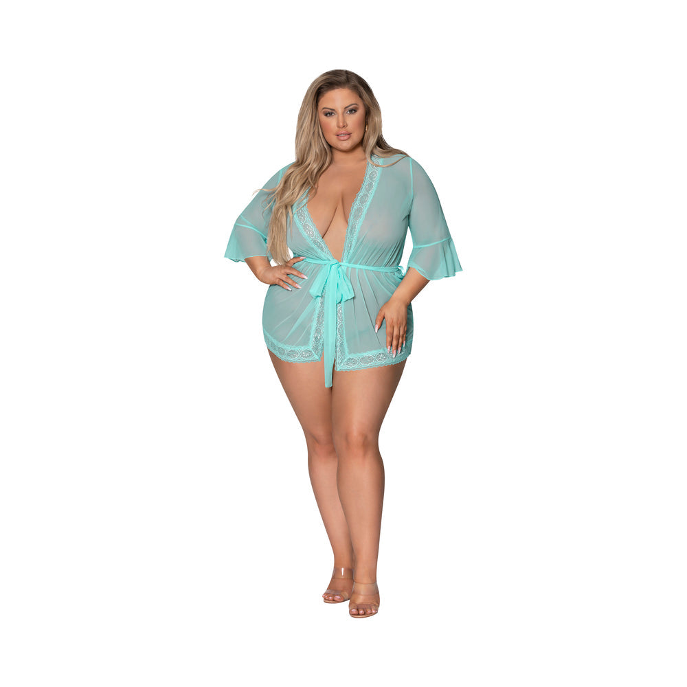 Magic Silk Seabreeze Robe With Lace Trim Turquoise Queen Size - Fantasies Boutique