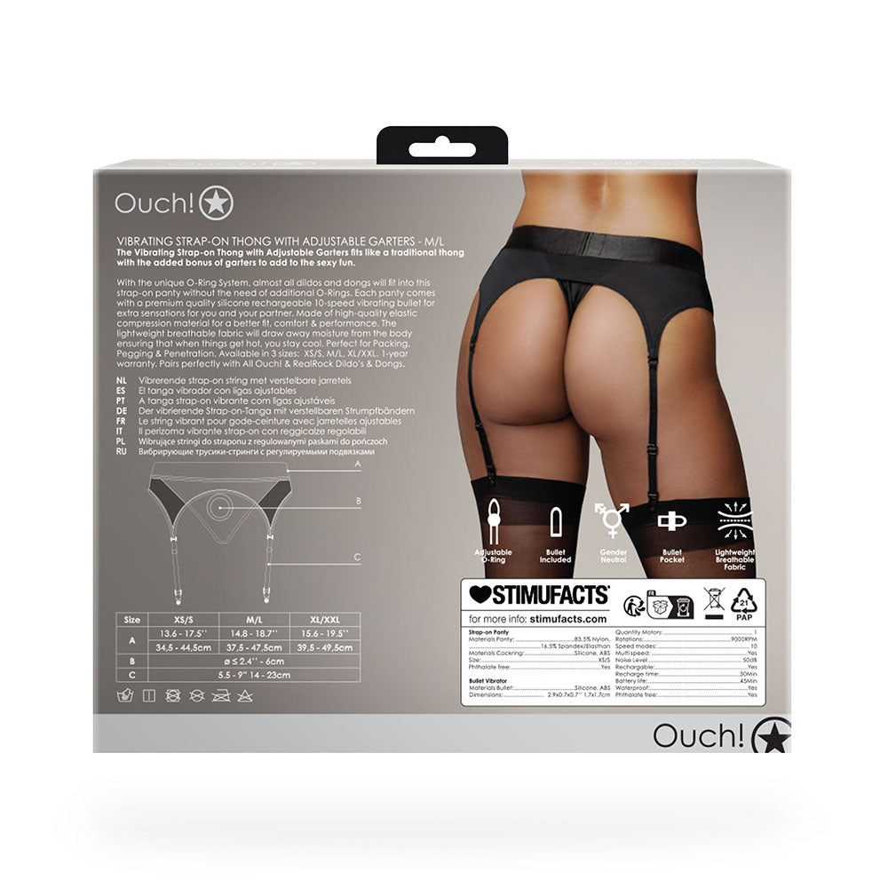 Ouch! Vibrating Strap-on Thong with Adjustable Garters Black M/L - Fantasies Boutique