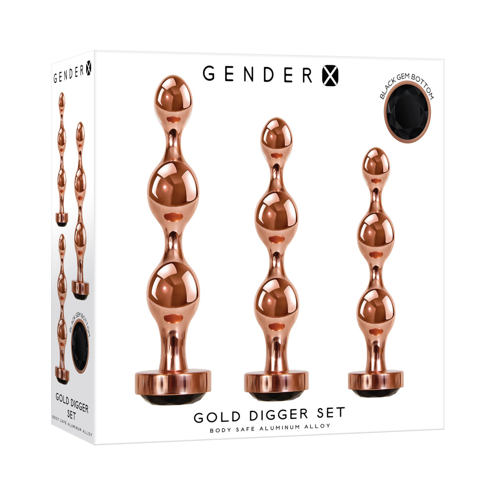 Gender X Gold Digger 3-Piece Rose Gold Beaded Anal Plug With Black Gemstone Base Set - Fantasies Boutique