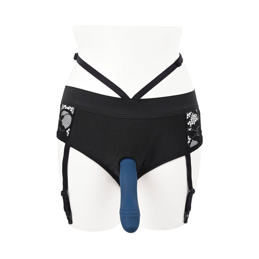 Gender X Snuggle Up Vibrating 7 in. Dildo and Lingerie-Style Strap-On Harness Set Blue/Black