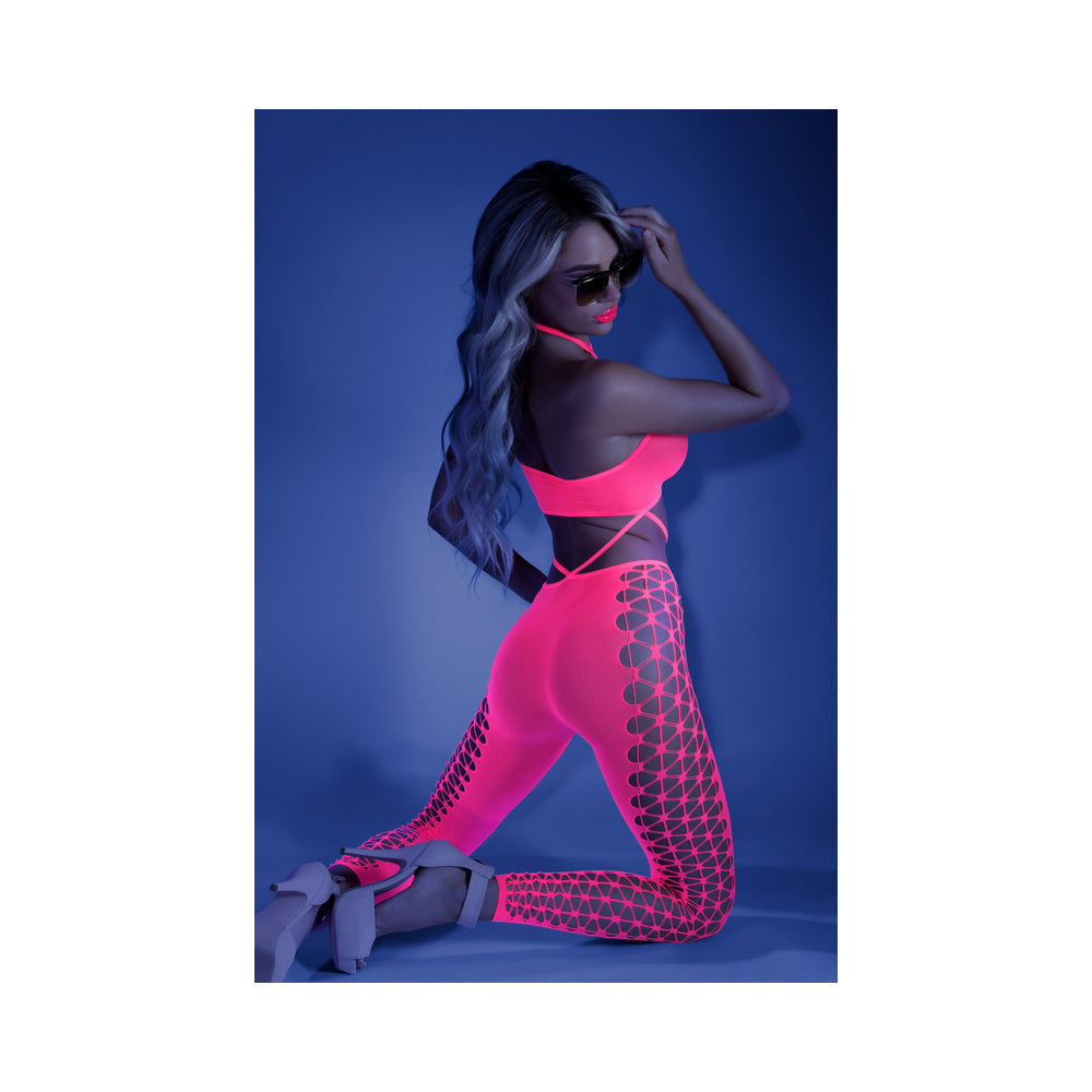 Fantasy Lingerie Glow Own The Night Cropped Cut-Out Halter Bodystocking Neon Pink O/S - Fantasies Boutique