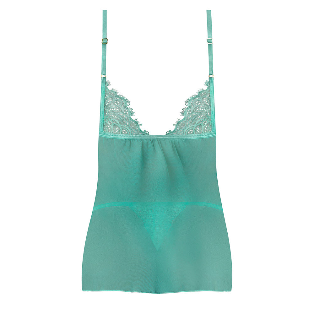Magic Silk Caribbean Crush Flutter Babydoll & Thong Set Aqua Glow Queen Size