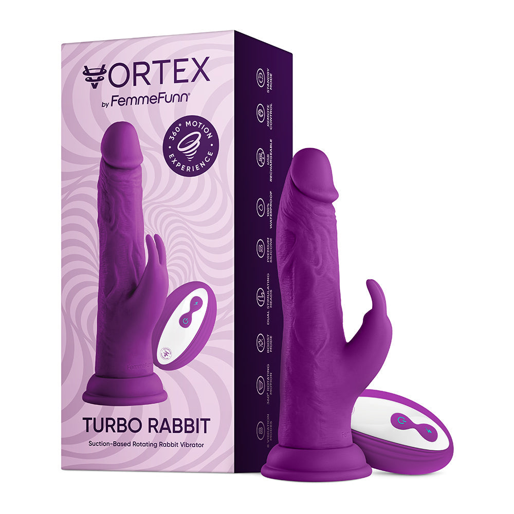FemmeFunn Vortex Turbo Rabbit 2.0 8 in. Dual Stimulation Vibrating Dildo Purple - Fantasies Boutique