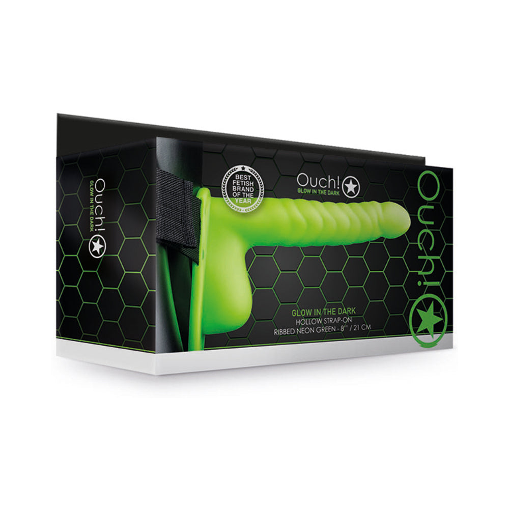Ouch! Ribbed 8 in. Glow in the Dark Hollow Strap-On with Balls Neon Green - Fantasies Boutique