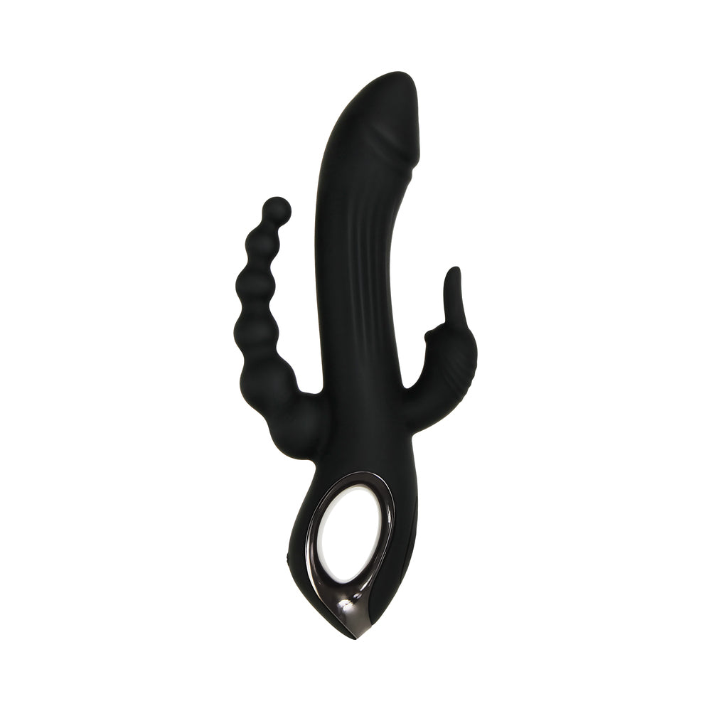 Evolved Trifecta Rechargeable Dual Entry Triple Stimulation Silicone Rabbit Vibrator Black - Fantasies Boutique