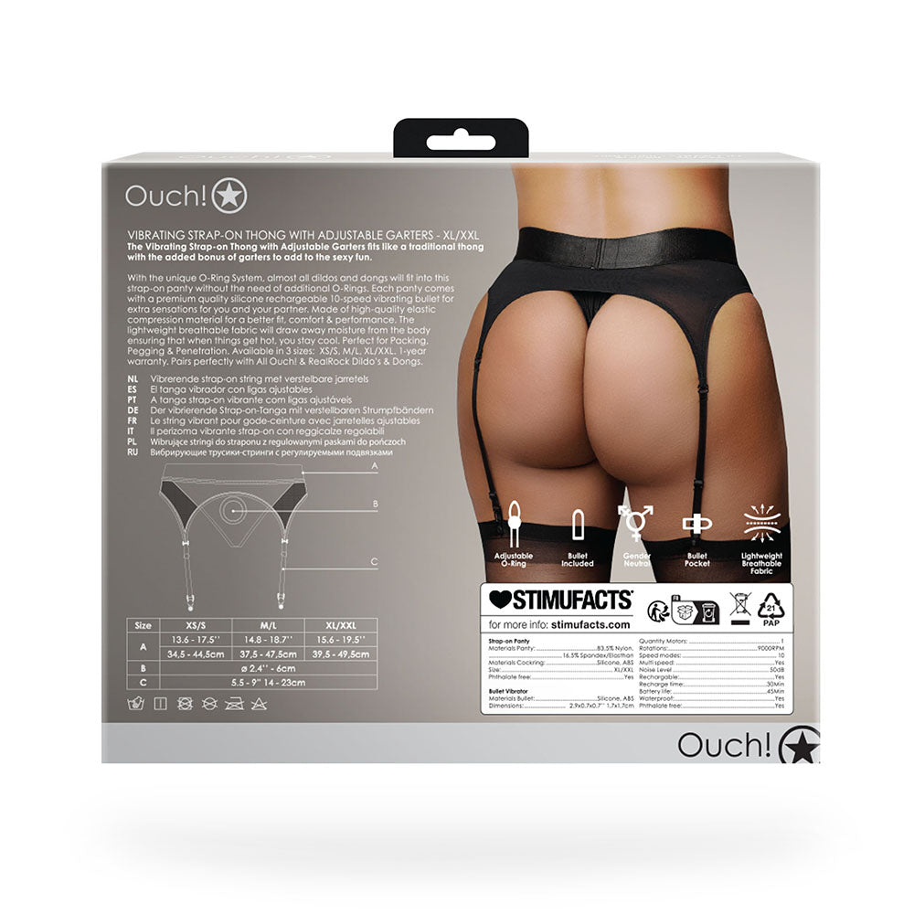 Ouch! Vibrating Strap-on Thong with Adjustable Garters Black XL/2XL - Fantasies Boutique