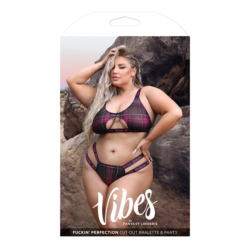 Fantasy Lingerie Vibes Fuckin' Perfection Plaid Mesh Cut Out Bralette & Panty Black Queen Size - Fantasies Boutique