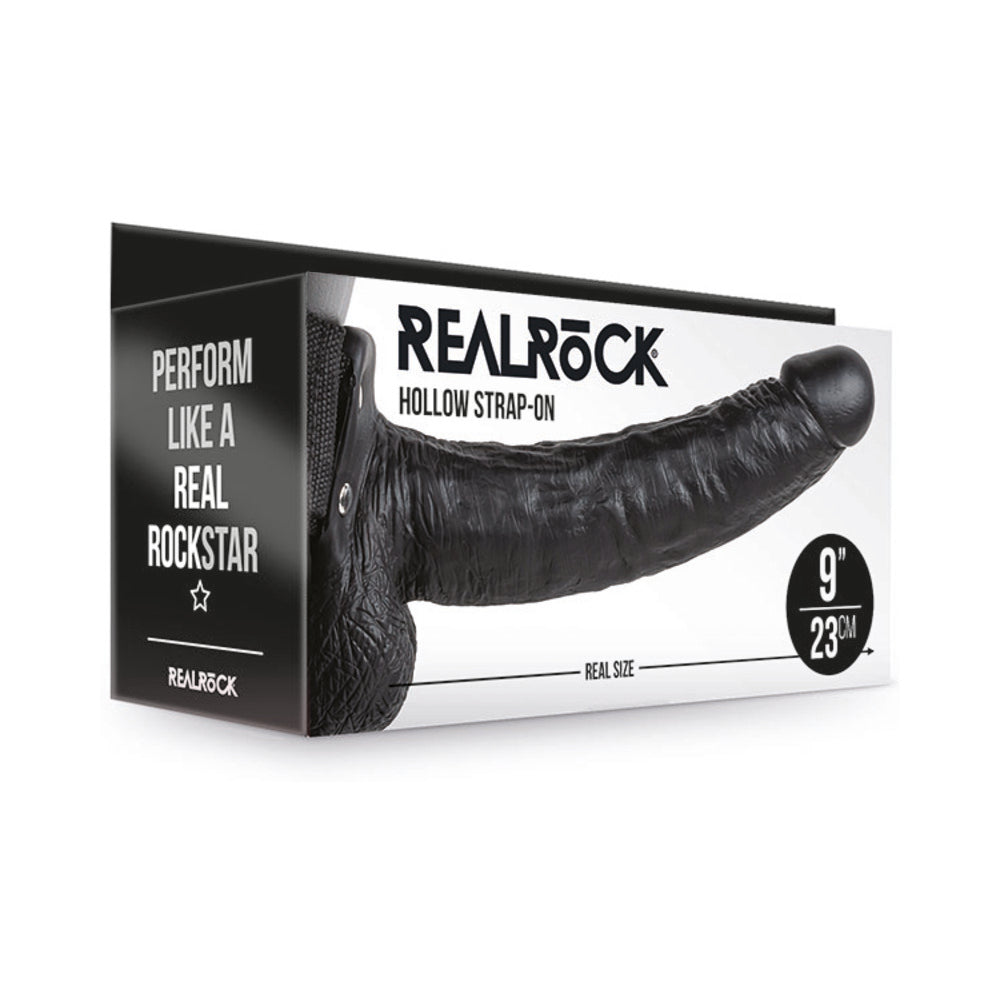 RealRock Realistic 9 in. Hollow Strap-On With Balls Black - Fantasies Boutique