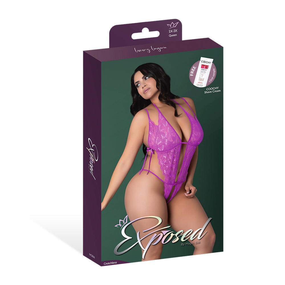 Magic Silk Butterfly Fantasies Peek-a-Boo & Crotchless Teddy Neon Purple Queen Size