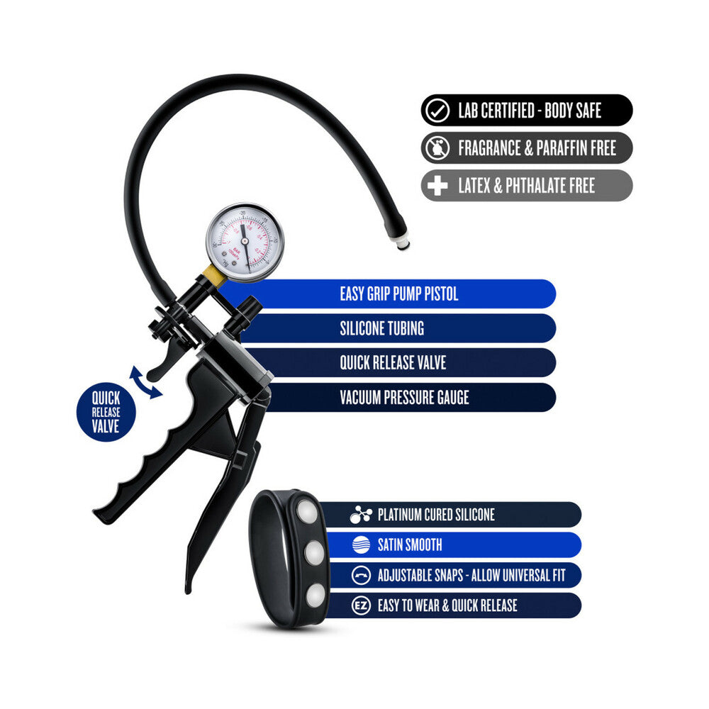 Blush Performance Gauge Pump Pistol with Silicone Tubing & Silicone Cock Strap Black - Fantasies Boutique