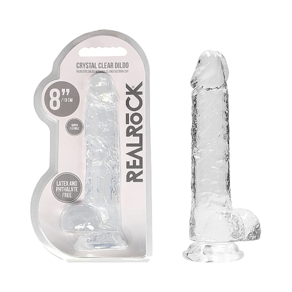 RealRock Crystal Clear Realistic 8 in. Dildo With Balls and Suction Cup Clear - Fantasies Boutique