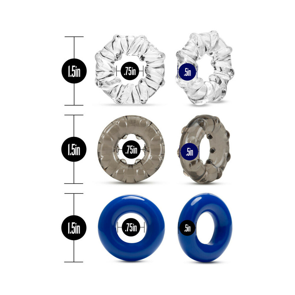 Blush Stay Hard Triple Stretch Cockrings 3-Pack Assorted Colors - Fantasies Boutique