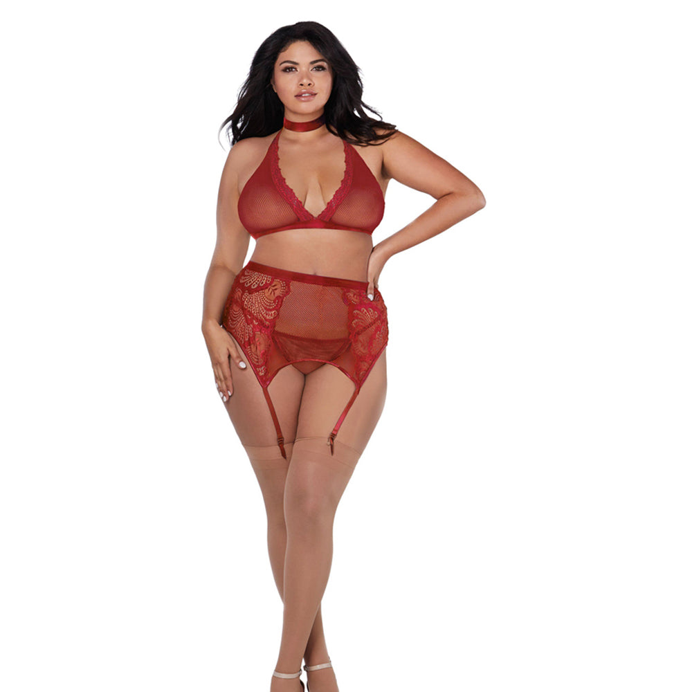 Dreamgirl Fishnet and Lace Four-Piece Set With Stretch Velvet Trim Accents Garnet Queen - Fantasies Boutique