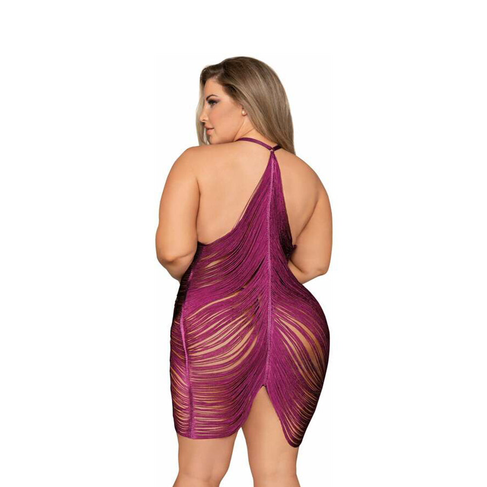 Dreamgirl Halter Fringe Chemise & G-String Mulberry 3XL (Hanging)