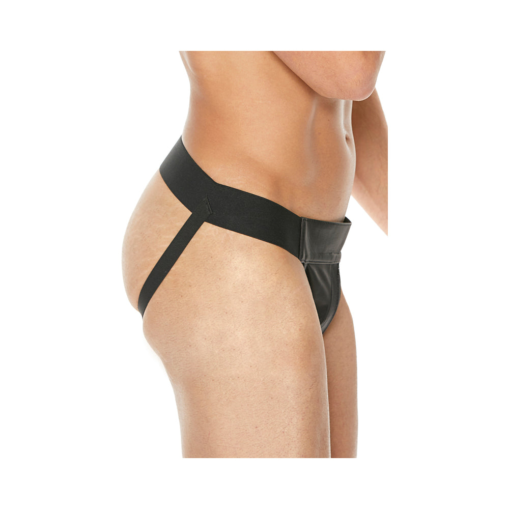 Shots Premium Leather Plain Front Zip Jock Black S/M Hanging - Fantasies Boutique