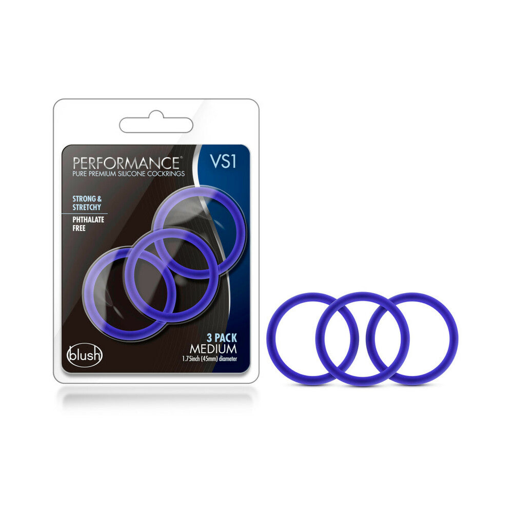Blush Performance VS1 Pure Premium Silicone Cockrings 3-Pack Medium Indigo - Fantasies Boutique
