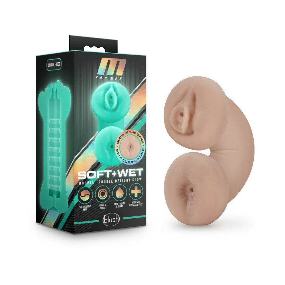 Blush M for Men Soft + Wet Double Trouble Glow in the Dark Self-Lubricating Stroker Beige - Fantasies Boutique