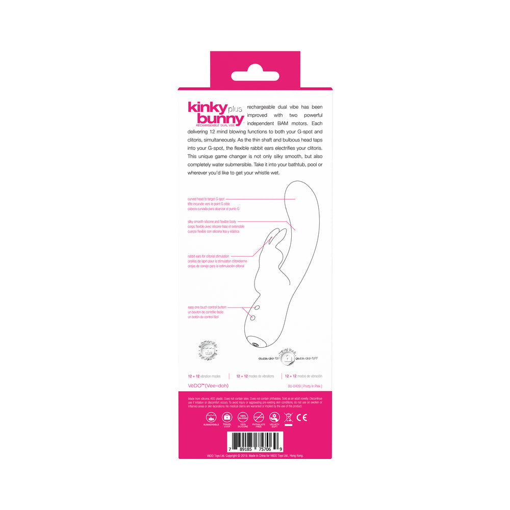 VeDO Kinky Bunny Rechargeable Rabbit Vibrator - Pretty In Pink - Fantasies Boutique
