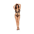 Barely Bare Strappy Bikini Teddy With Vibrating Finger Ring Black Queen Size