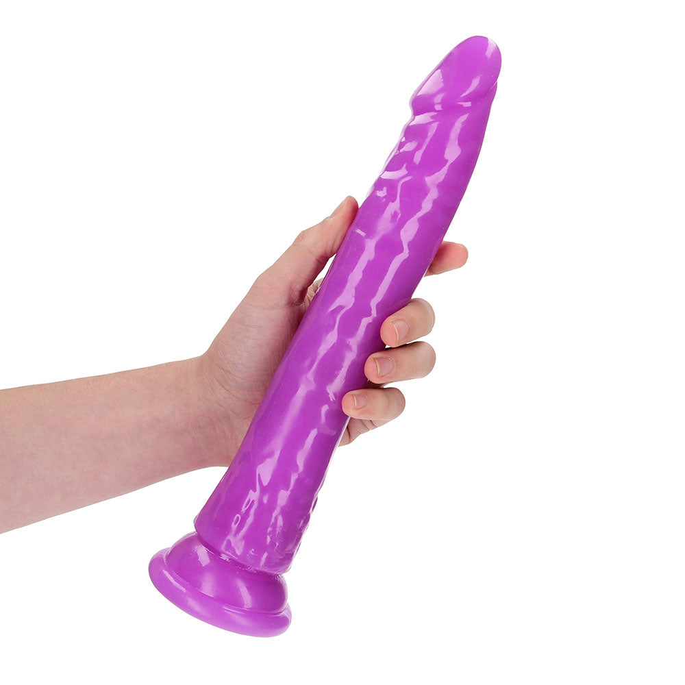 RealRock Glow in the Dark Slim 11 in. Dildo Neon Purple - Fantasies Boutique