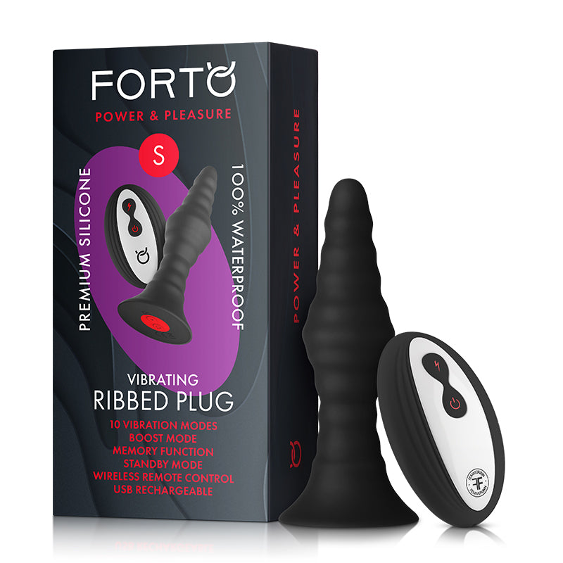Forto Vibrating Ribbed Plug Rechargeable Remote-Controlled Silicone Anal Plug Small Black - Fantasies Boutique