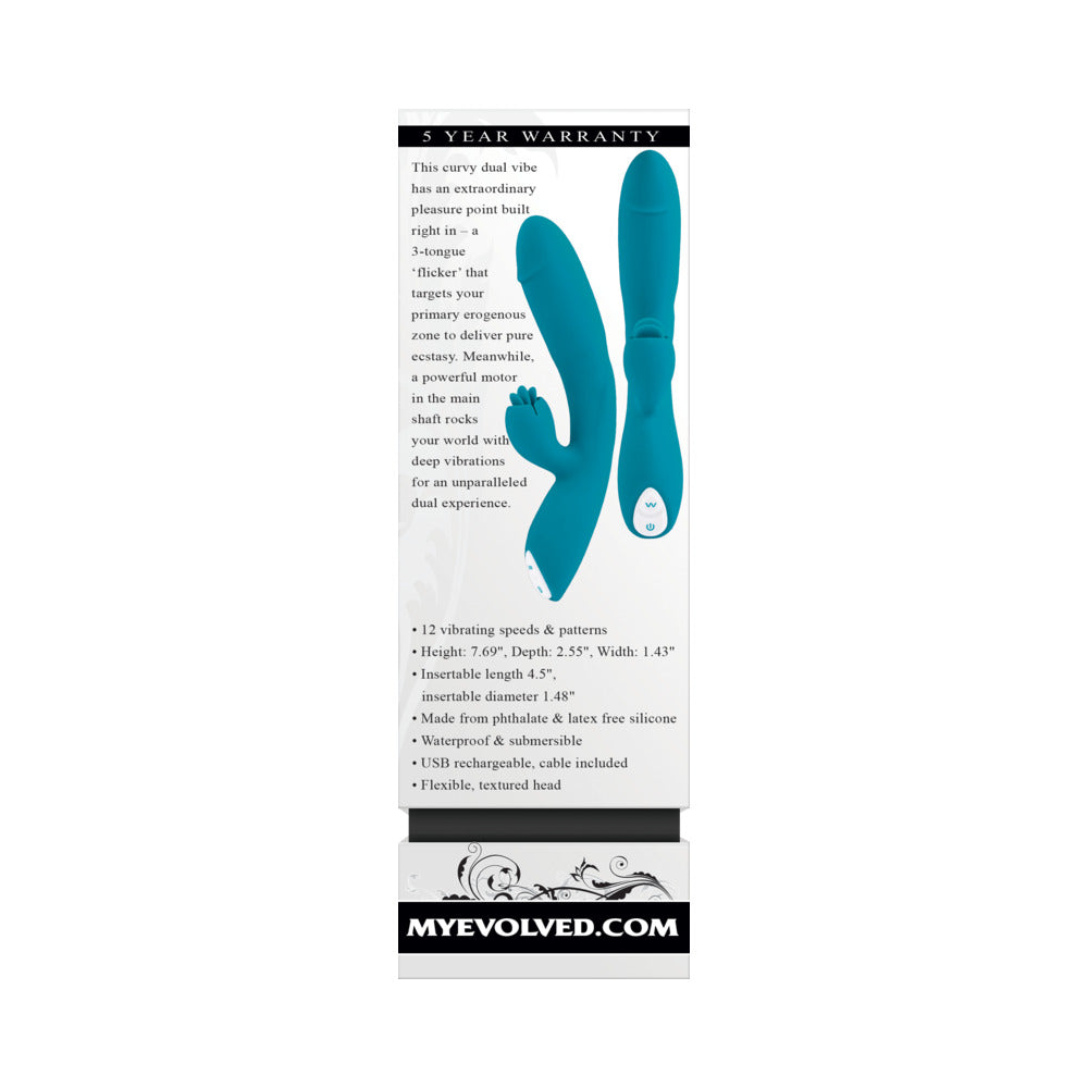 Evolved Fierce Flicker Rechargeable Dual Stim Vibe Silicone Teal
