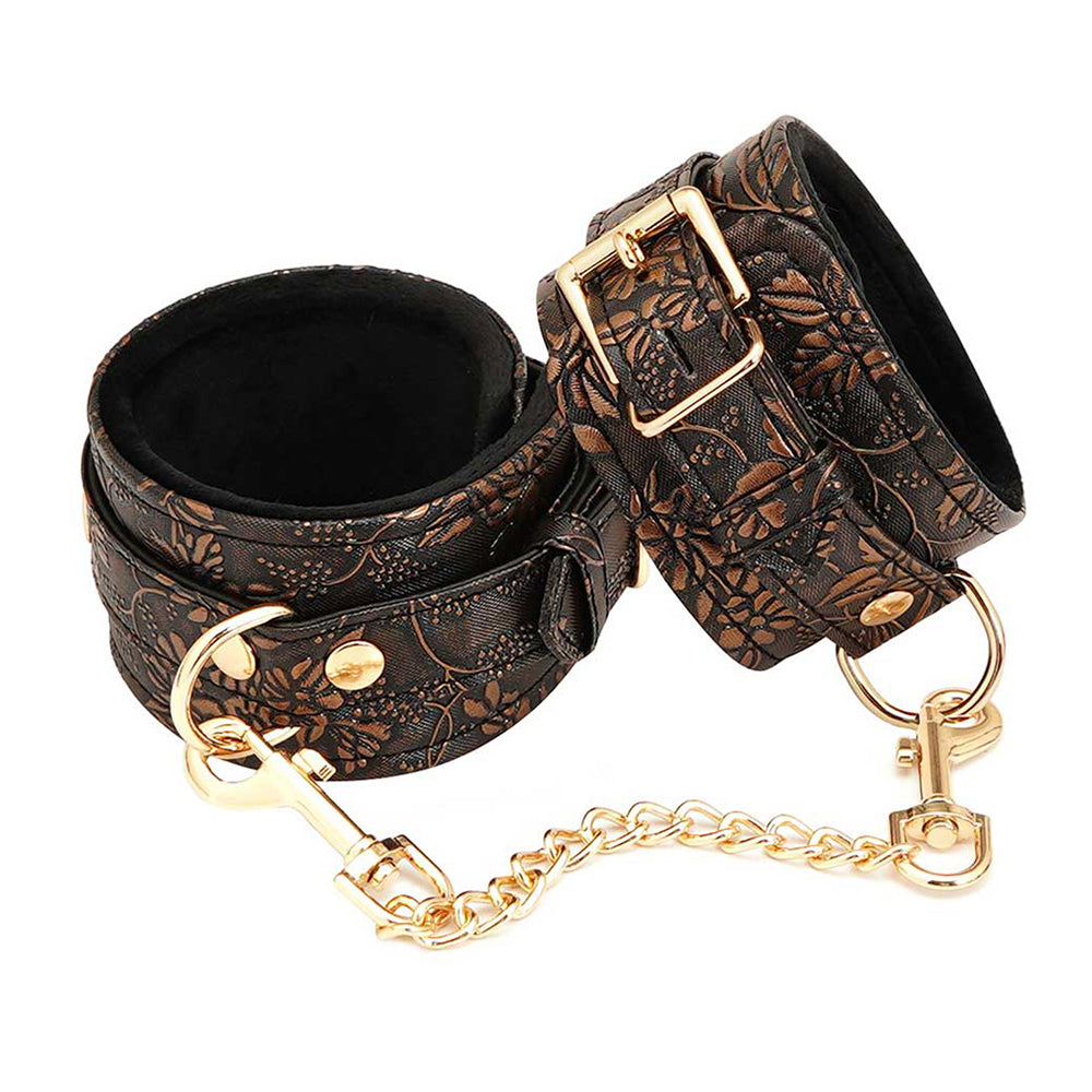 Ankle Restraints Brown PU Floral Print With Faux Fur Lining - Fantasies Boutique